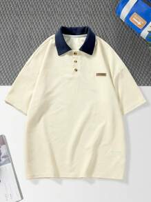 Claim Dot Men Contrast Collar Drop Shoulder Polo Shirt - Apricot - View 4