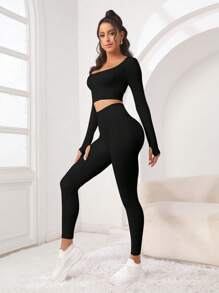 SHEIN Sport Studio Solid Thumbholes Crop Sports Tee & Crop Sports Tee & Leggings Workout Dames Setvrouwen Workout Set Vrouwen Leggings Set