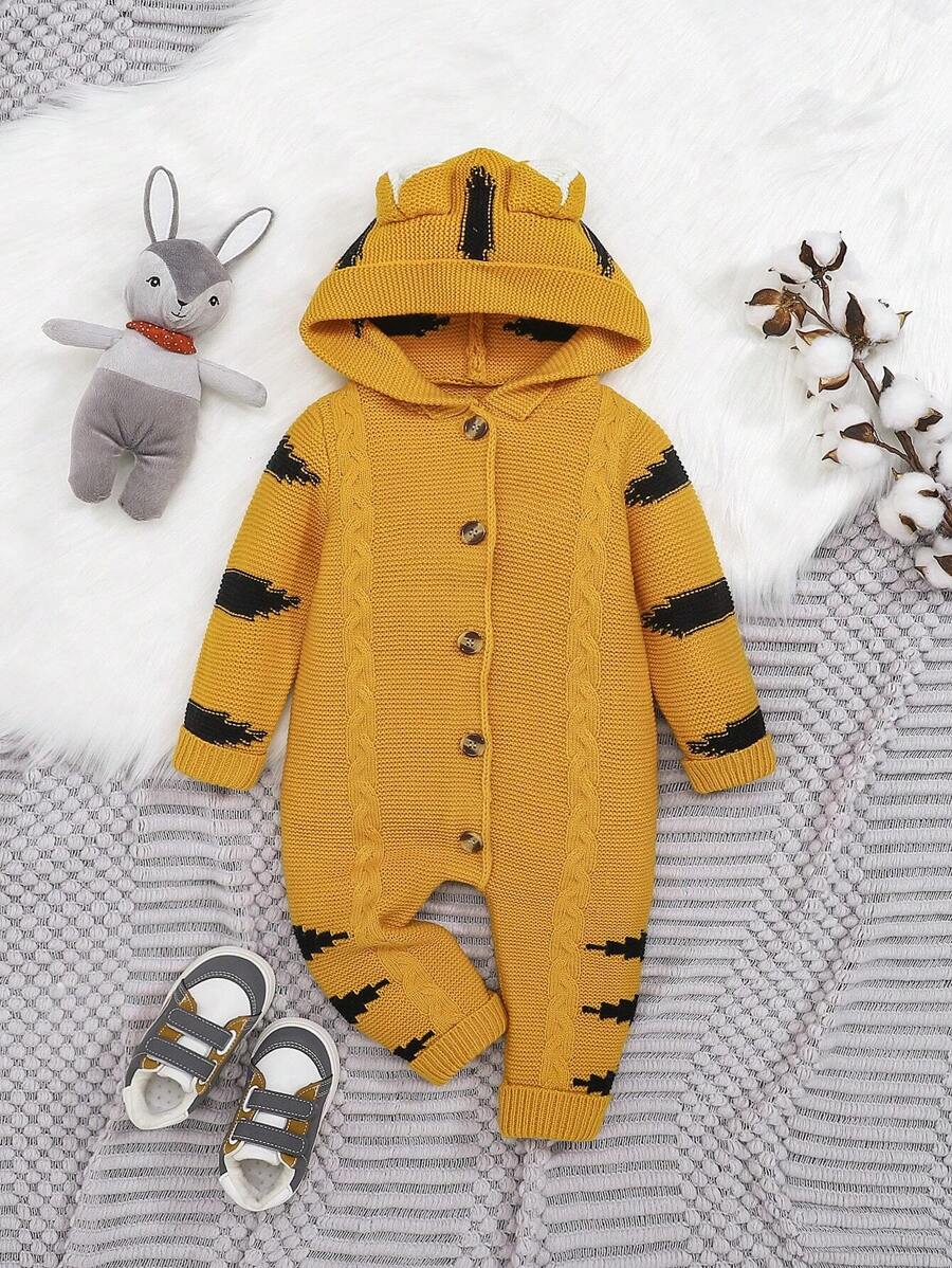 SHEIN Bebé niño Mono con patrón de dibujos animados con botón delantero con capucha tejido de cable - Amarillo - Ver 1