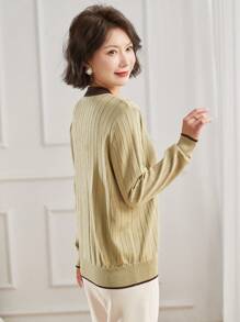 Contrast Trim Tie Neck Sweater - Green - View 2