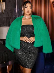 Cravure 大码优雅纯色仿皮草大衣，秋冬款 - 綠色 - 查看 1