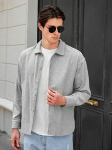 RueChic Men Solid Button Front Shacket - Light Grey - View 1