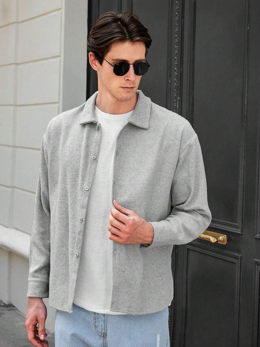 RueChic Men Solid Button Front Shacket - Light Grey - View 1