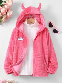 SHEIN Tween Girl Letter Patched Detail 3D Ear Design Hooded Jacket Without Sweater - Pink - View 1