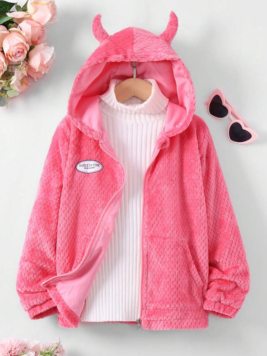 SHEIN Tween Girl Letter Patched Detail 3D Ear Design Hooded Jacket Without Sweater - Pink - View 1