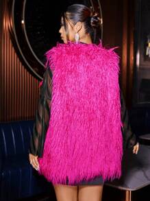 SHEIN BAE 大码女式无袖人造毛皮纯色冬季夹克 - 玫紅色 - 查看 2
