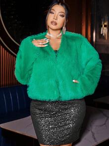 Cravure 大码优雅纯色仿皮草大衣，秋冬款 - 綠色 - 查看 7