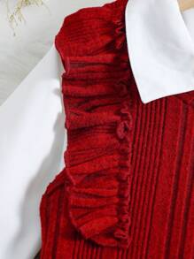 SHEIN Young Girl Flare Sleeve Dress & Ruffle Trim Dress Without Belt - Burgundy - View 3