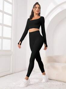 SHEIN Sport Studio Solid Thumbholes Crop Sports Tee & Crop Sports Tee & Leggings Workout Dames Setvrouwen Workout Set Vrouwen Leggings Set