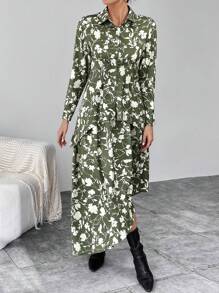 SHEIN Privé con estampado bajo asimétrico Blusa & Falda - Verde - Ver 4
