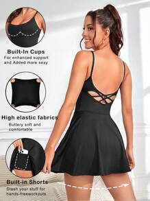 Criss Cross Backless Active Dress With Built-in Shorts & Phone Pocket - Black - View 1