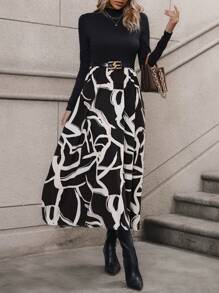 SHEIN Clasi Graphic Print Mock Neck Dress Without Belt - Black - View 6