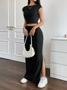 SHEIN Unity Solid Crop Tank Top & Split Thigh Skirt - Black - View 6