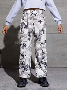 SHEIN 女大童迷彩印花側翻蓋口袋工裝褲 - 彩色 - 查看 3