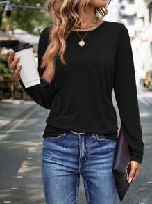 EMERY ROSE 純色圓領T恤 - 黑色 - 查看 3