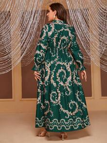 YISIKADO Plus Baroque Print Flare Sleeve Lace Up Front Dress - Multicolor - View 2