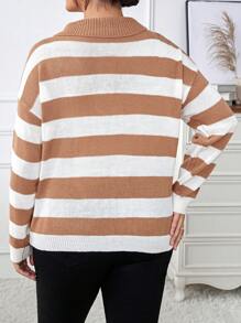 Calvaya Plus Striped Pattern Quarter Zip Drop Shoulder Sweater Knit Pullover Fall Winter Outfit - Multicolor - View 2