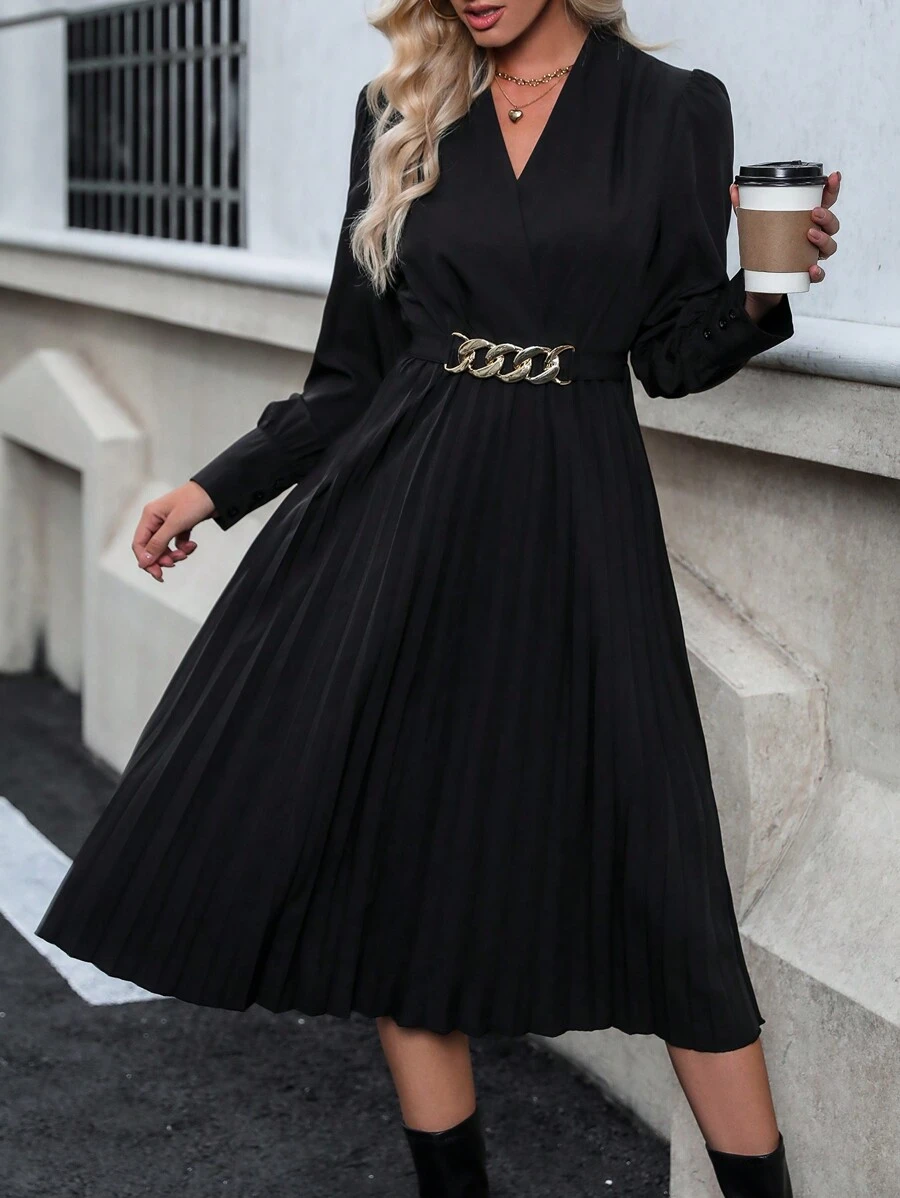 SHEIN LUNE Surplice Neck Pleated Hem Dress Without Belt - Black - View 1