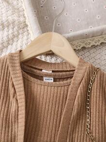 SHEIN Genkimix Kids 小女孩肋針針織背心&褲子&外套 - 卡其色 - 查看 4