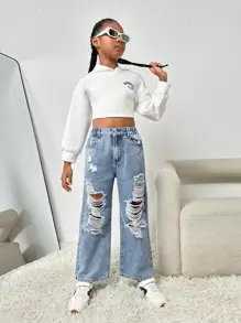 Tween Girl Ripped Wide Leg Jeans