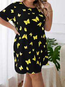 Plus Butterfly Print Pajama Nightdress - Black - View 6
