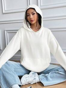 SHEIN Unity 袋鼠口袋落肩袖連帽套頭毛衣 - 白色 - 查看 7
