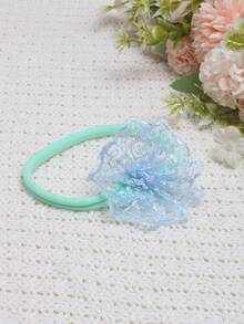 女嬰蕾絲拼接前蝴蝶結連體衣和頭巾拍攝套裝 - 藍色 - 查看 5