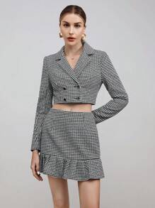 BizChic Houndstooth Print Double Breasted Crop Blazer & Ruffle Hem Skirt - Black and White - View 7