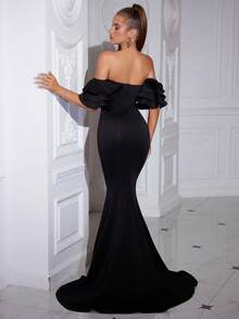 Vestido formal con dobladillo de sirena y ribete de volantes con hombros descubiertos - Negro - Ver 2