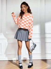 SHEIN EZwear Suéter con hombros caídos y estampado de cuadros - Naranja - Ver 3