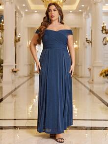 SHEIN Belle Plus Off Shoulder Ruched Glitter Dress - Navy Blue - View 6