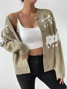 SHEIN Unity 幾何圖案開襟衫 - 卡其色 - 查看 3