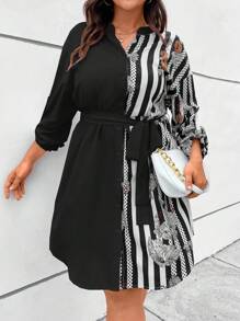 SHEIN Clasi Đầm Plus Size Thắt lưng Nút phía trước Hoa Sọc Giải trí - Nhiều màu - Xem 5