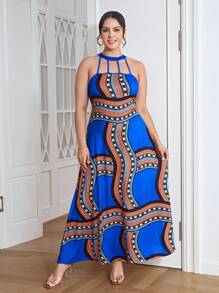 SHEIN Clasi 大碼幾何印花鏤空繞頸洋裝 - 藍色 - 查看 6