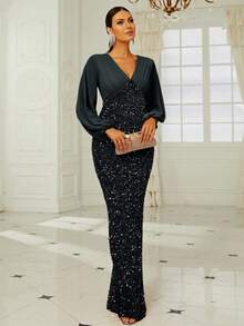 Missord Lantern Sleeve Sequin Formal Dress - Black - View 5