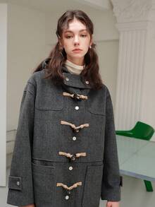 Dual Pocket Drop Shoulder Hooded Overcoat - Grey - View 3
