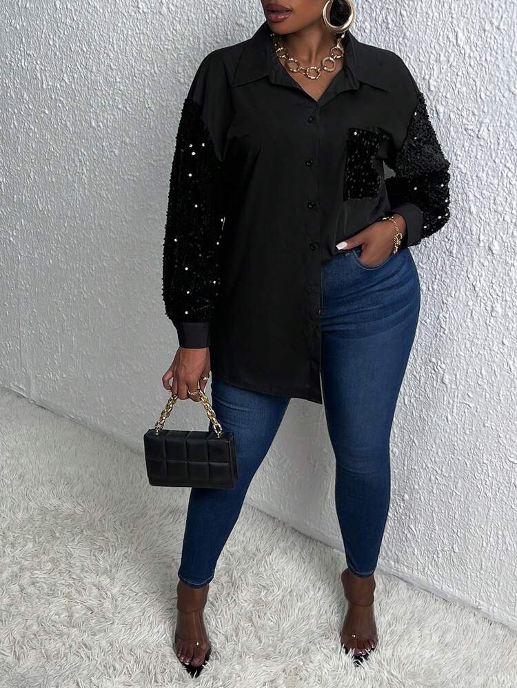 Plus Contrast Sequin Drop Shoulder Shirt
