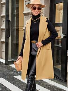 Aveloria Lapel Neck Flap Detail Sleeveless Overcoat - Camel - View 1