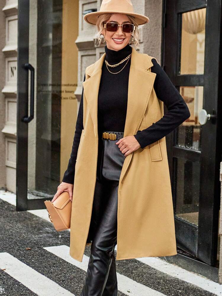 Lapel Neck Flap Detail Sleeveless Overcoat