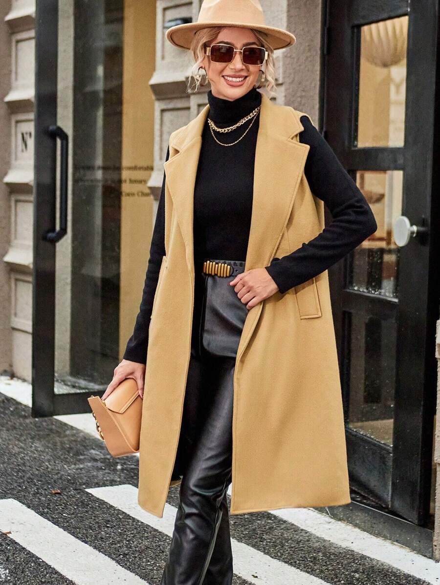 Aveloria Lapel Neck Flap Detail Sleeveless Overcoat - Camel - View 1