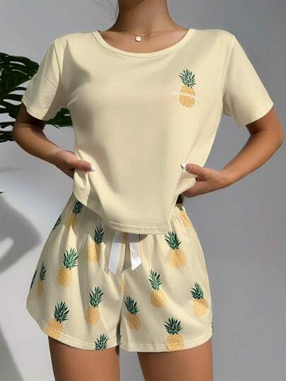 Pineapple Print Tee & Shorts PJ Set / Pajama Set