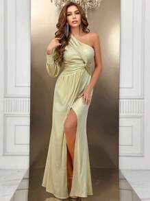 SHEIN Belle Một bờ vai Mặt trước xoắn Tách đùi Váy phù dâu - Rượu sâm banh - Xem 7