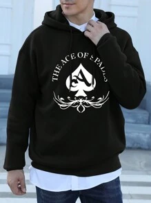 Hombres Capucha con estampado de letra de hombros caídos con cordón - Negro - Ver 1