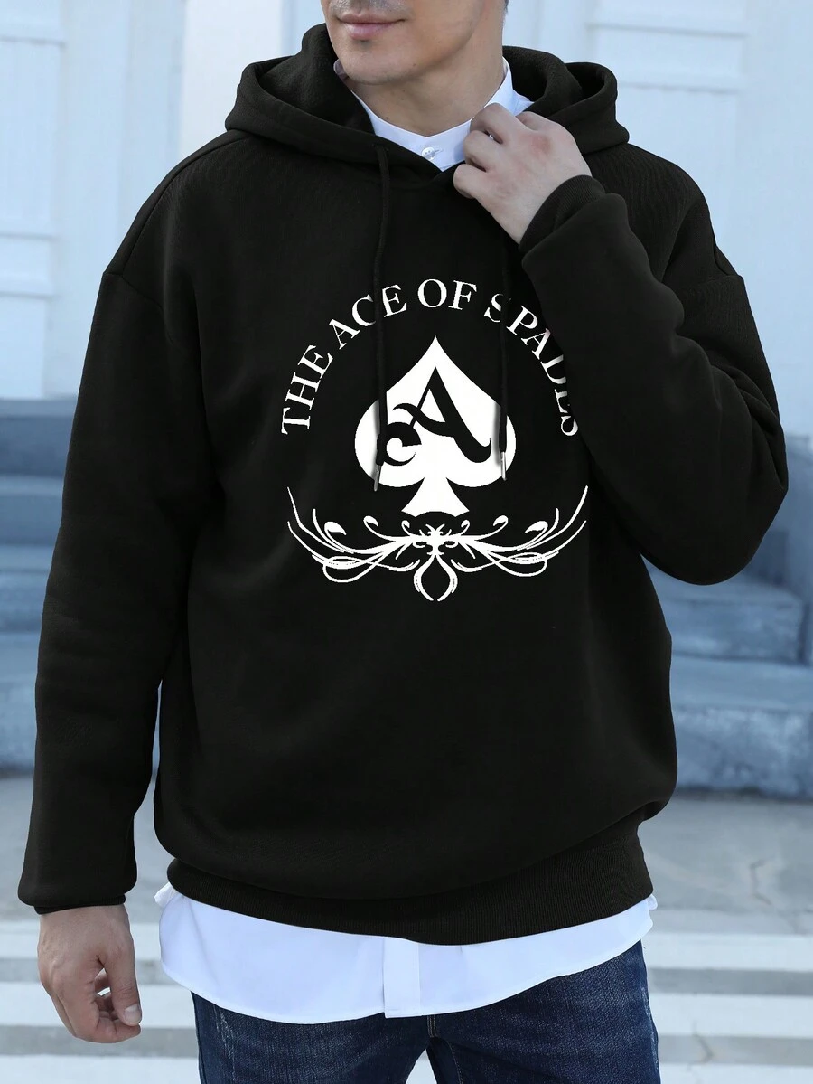 Hombres Capucha con estampado de letra de hombros caídos con cordón - Negro - Ver 1