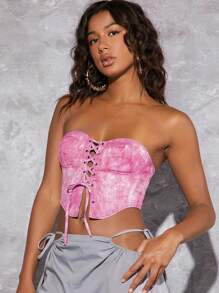 SHEIN BAE Tie Dye Lace Up Front Tube Top - Pink - View 1
