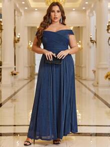 SHEIN Belle Plus Off Shoulder Ruched Glitter Dress - Navy Blue - View 1