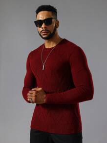 Manfinity Homme 男士素色圓領套頭毛衣 - 酒紅色 - 查看 3