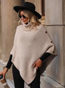 Chiquease Turtleneck Button Detail Asymmetrical Hem Knit Poncho Knit Pullover Fall Winter Outfit - Khaki - View 3