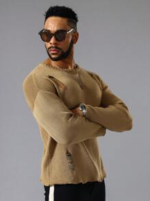 Manfinity LEGND Men Solid Ripped Drop Shoulder Sweater - Camel - View 9