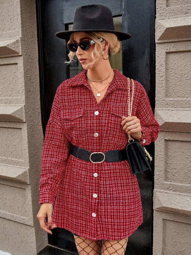 Plaid Pattern Drop Shoulder Overcoat Fall Cloth For Women